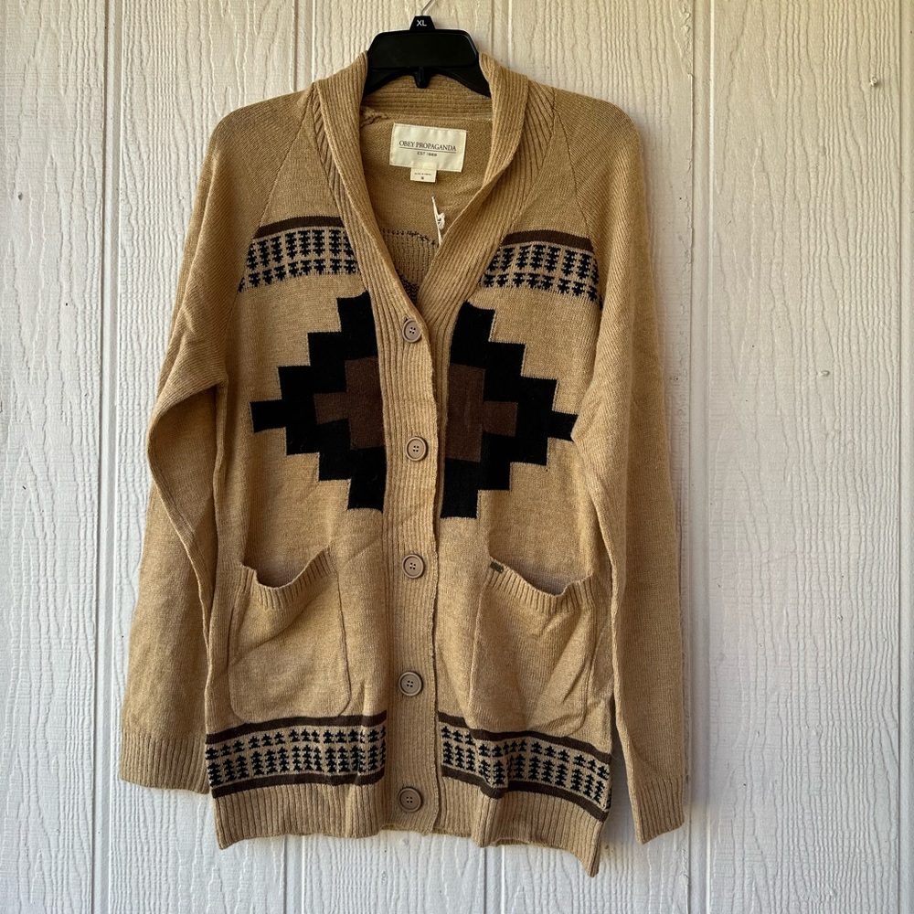 OBEY Geometric Patterned Tan Sweater